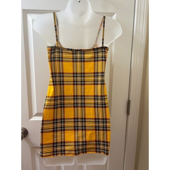 SEDUCTION WOMEN Y2K Bobycon tank Top Size M yellow plaid PREPPY GRUNGE FITTED - Picture 4 of 7